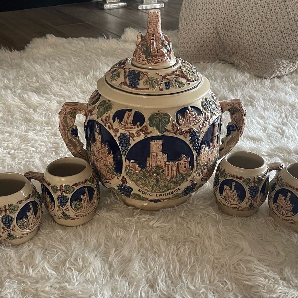 Vintage Ceramic Beer Stein Set with Castle Design